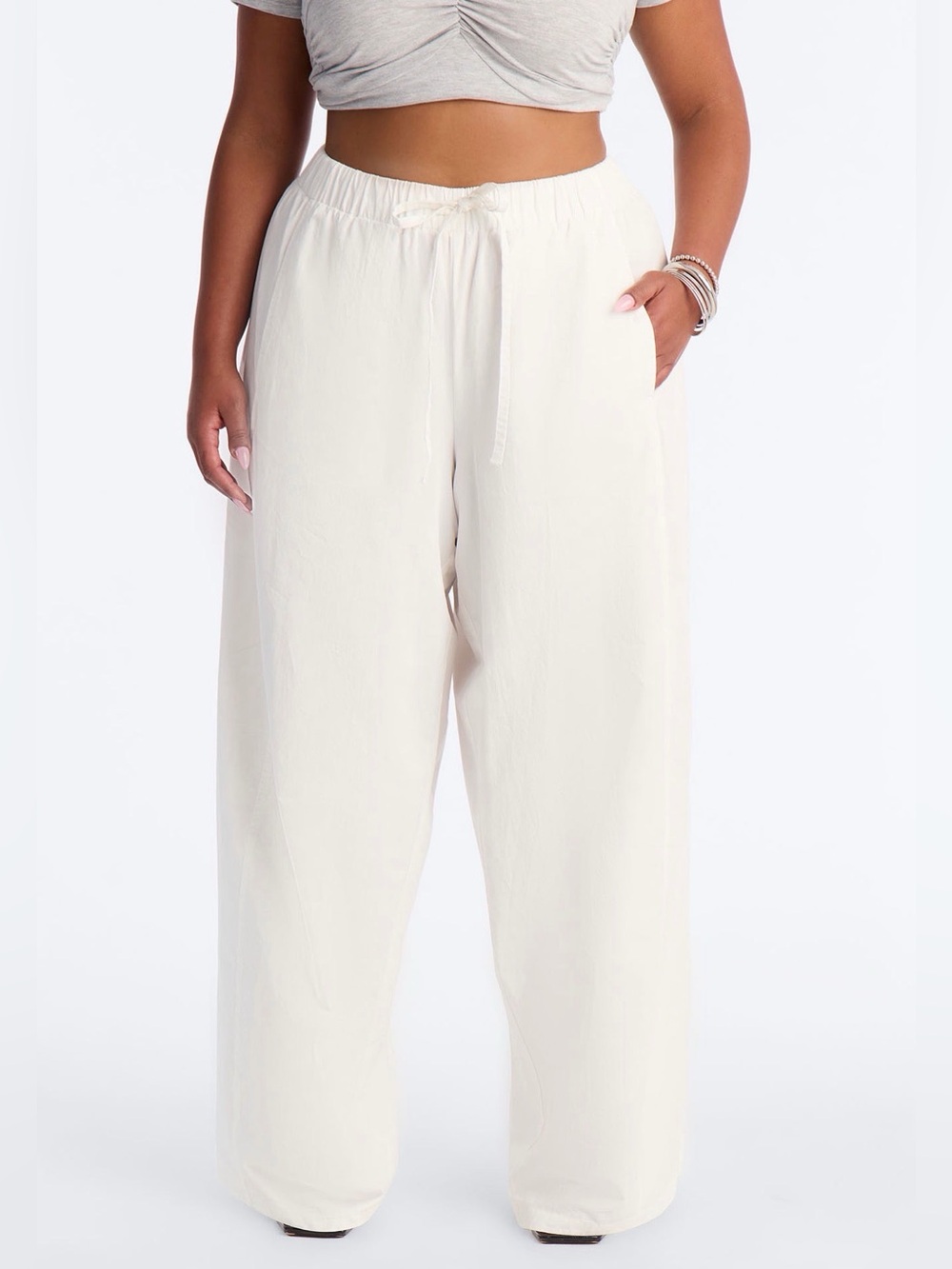 Wide Leg Low Rise Drawstring Cream Pants 32” - Picture 2 of 4